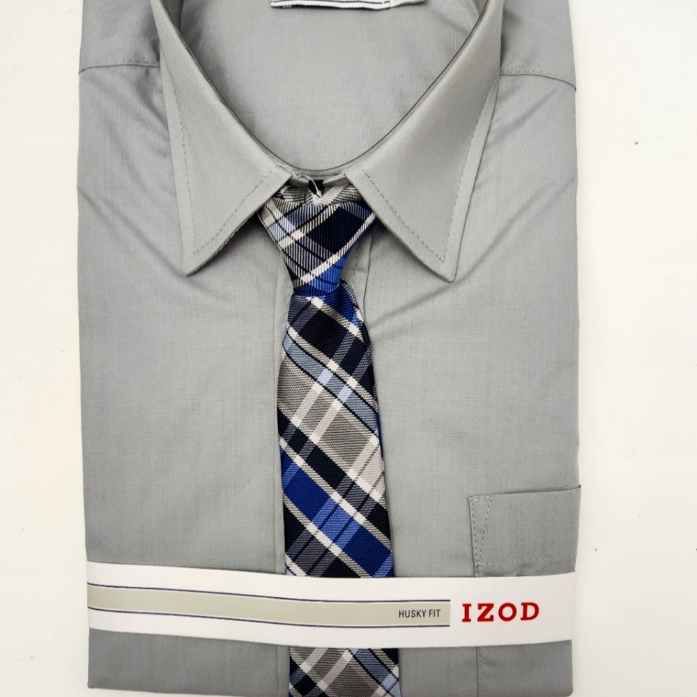 NWT IZOD Dress Shirt and Clip-On Tie Set, Boy Husky Fit 12, Silver